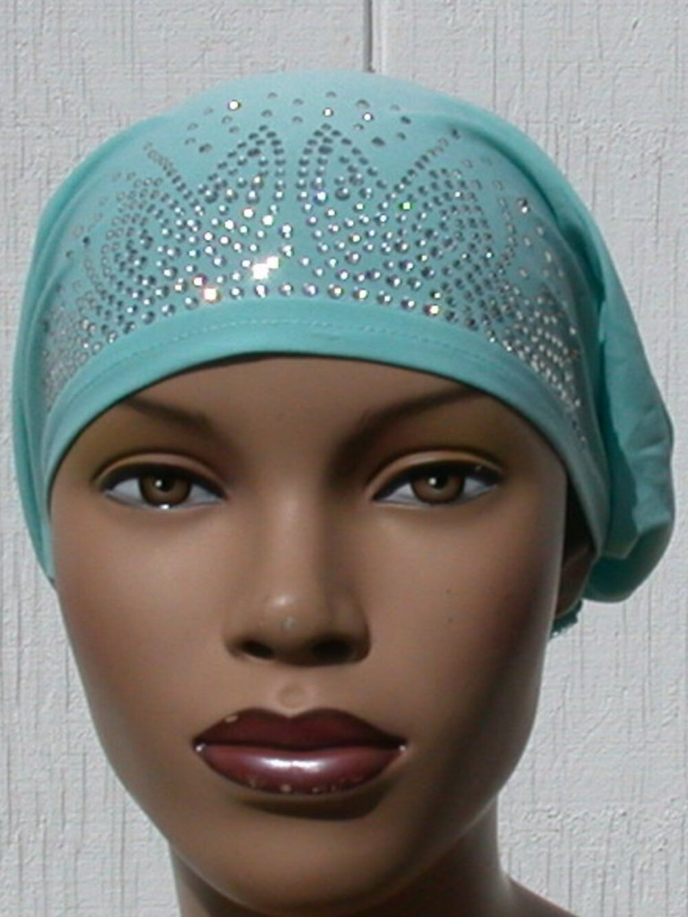Aqua Blue Rhinestone Stretch Turban Slip On Sexy Chemo Cap Arab Hijab Undercap